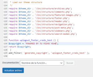 Edicion de footer en functions.php 